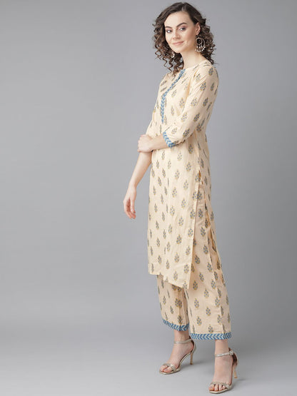 Indyancart IE Women Beige & Navy Blue Foil Printed Kurta with Palazzos & Dupatta