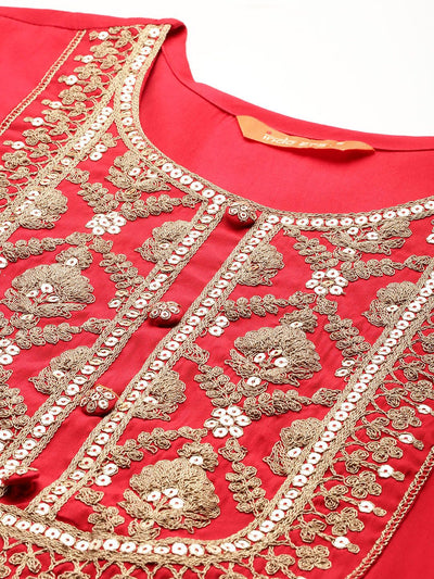 Indyancart IE Ethnic Motifs Embroidered Liva Kurta With Trousers & Dupatta
