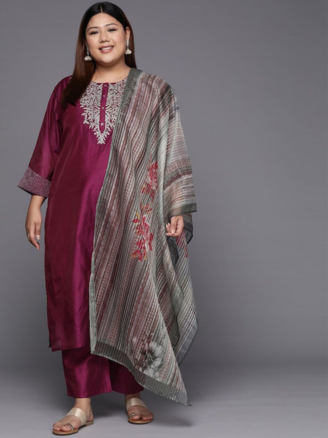 Indyancart VA Women's Magenta Yoke Design Sequinned Chanderi Silk Kurta with Trousers & Dupatta