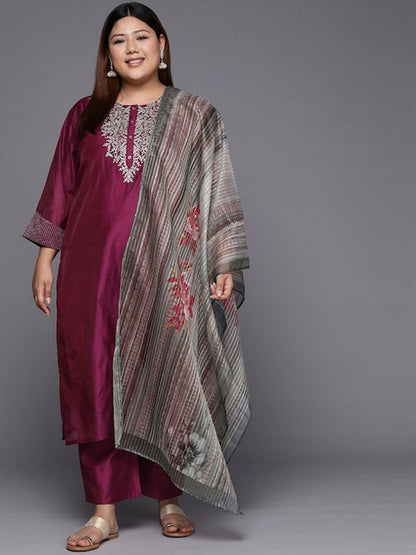 Indyancart VA Women's Magenta Yoke Design Sequinned Chanderi Silk Kurta with Trousers & Dupatta