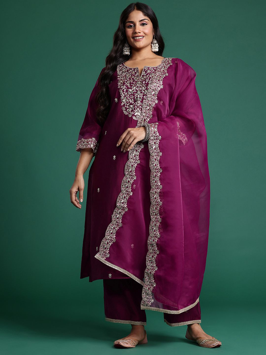 Indyancart IE Plus Size Ethnic Motifs Embroidered Liva Kurta with Trousers & With Dupatta