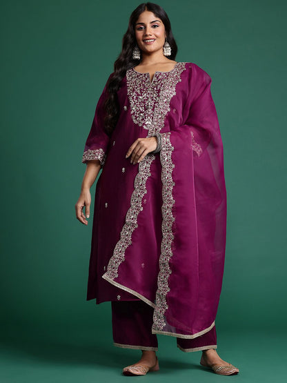 Indyancart IE Plus Size Ethnic Motifs Embroidered Liva Kurta with Trousers & With Dupatta