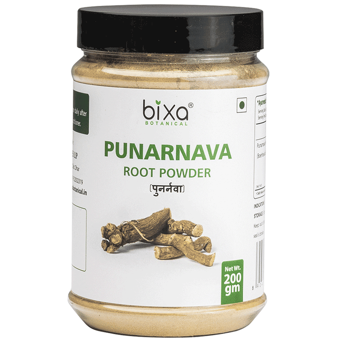 Bixa Botanical Punarnava Powder in a clear jar, Ayurvedic herbal powder with greenish-brown color, used for traditional health remedies.