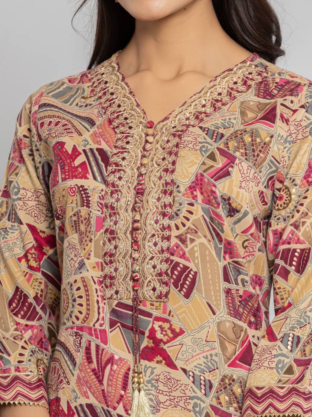 Indyancart VA Women's Abstract Printed Neck Embroidered Regular Kurta with Trouser & Dupatta