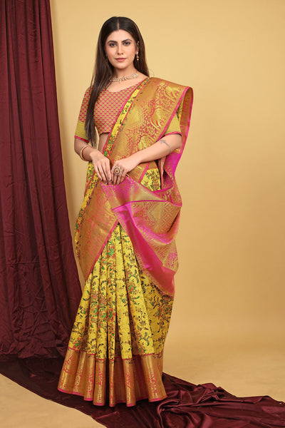 Indyancart GR Women's Yellow Kalamkari Silk Saree