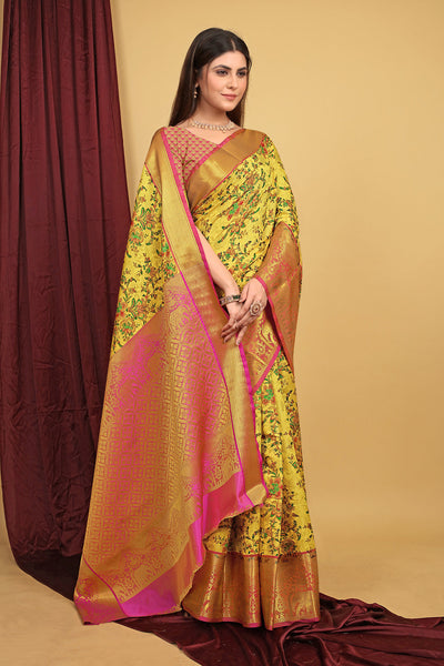 Indyancart GR Women's Yellow Kalamkari Silk Saree