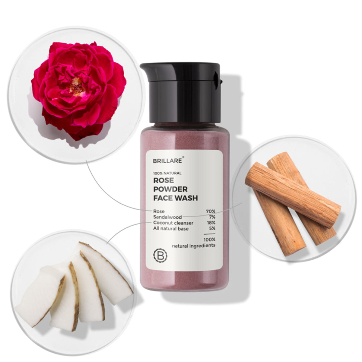 Brillare Rose Powder Face Wash for Younger Looking Skin With Sandalwood & Coconut