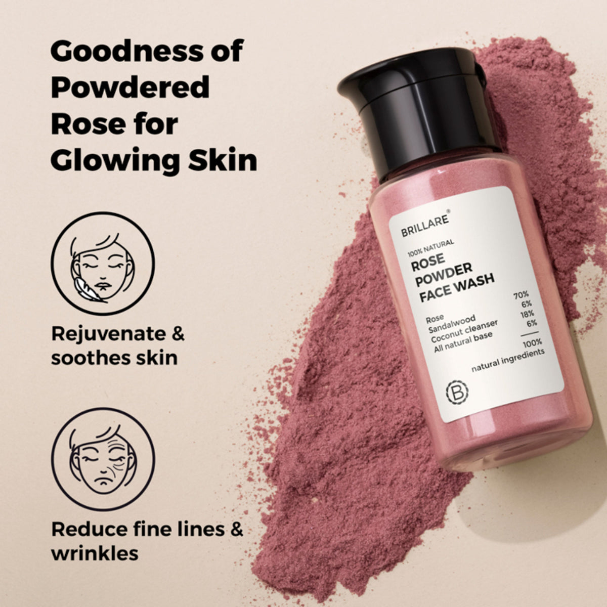 Brillare Rose Powder Face Wash for Younger Looking Skin With Sandalwood & Coconut