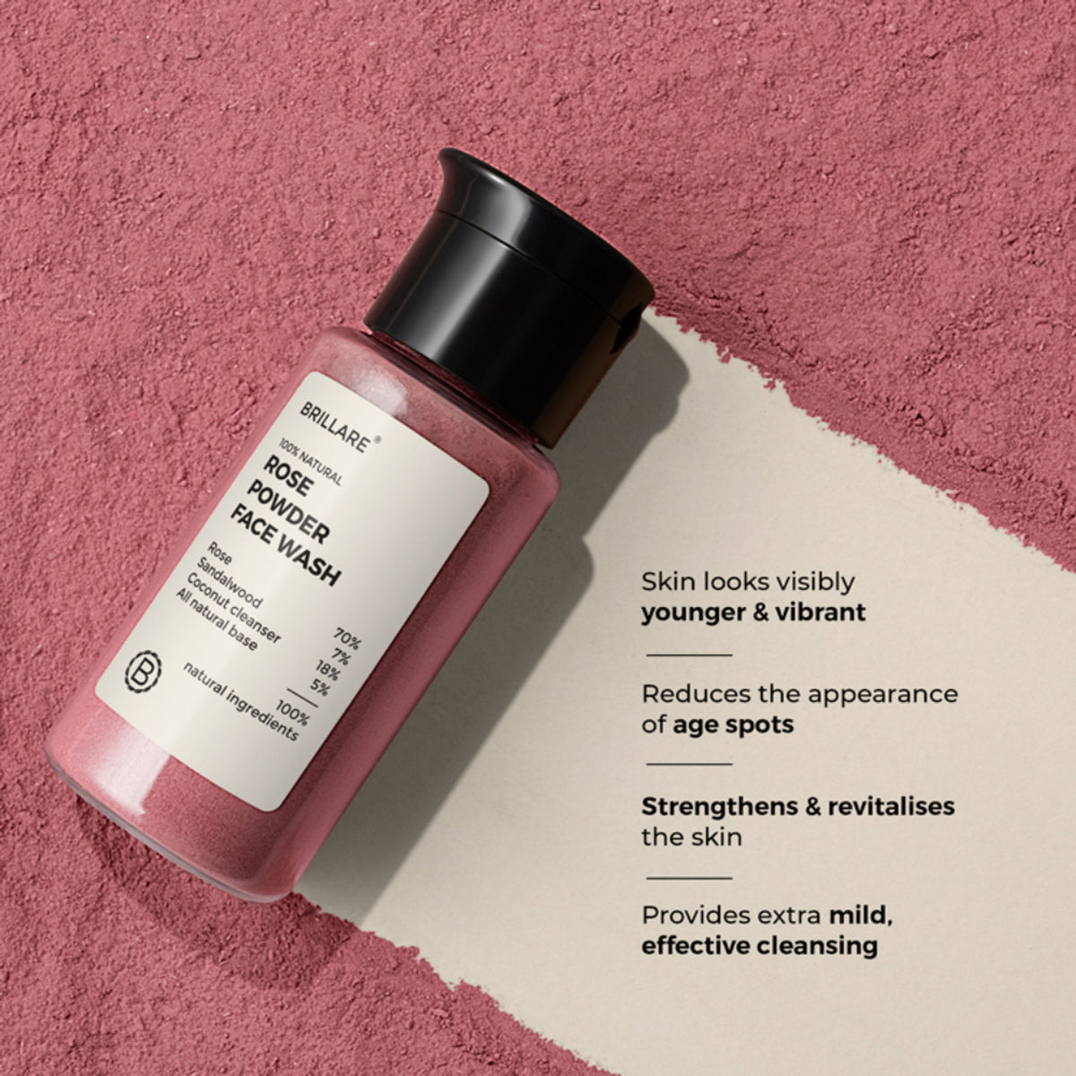 Brillare Rose Powder Face Wash for Younger Looking Skin With Sandalwood & Coconut