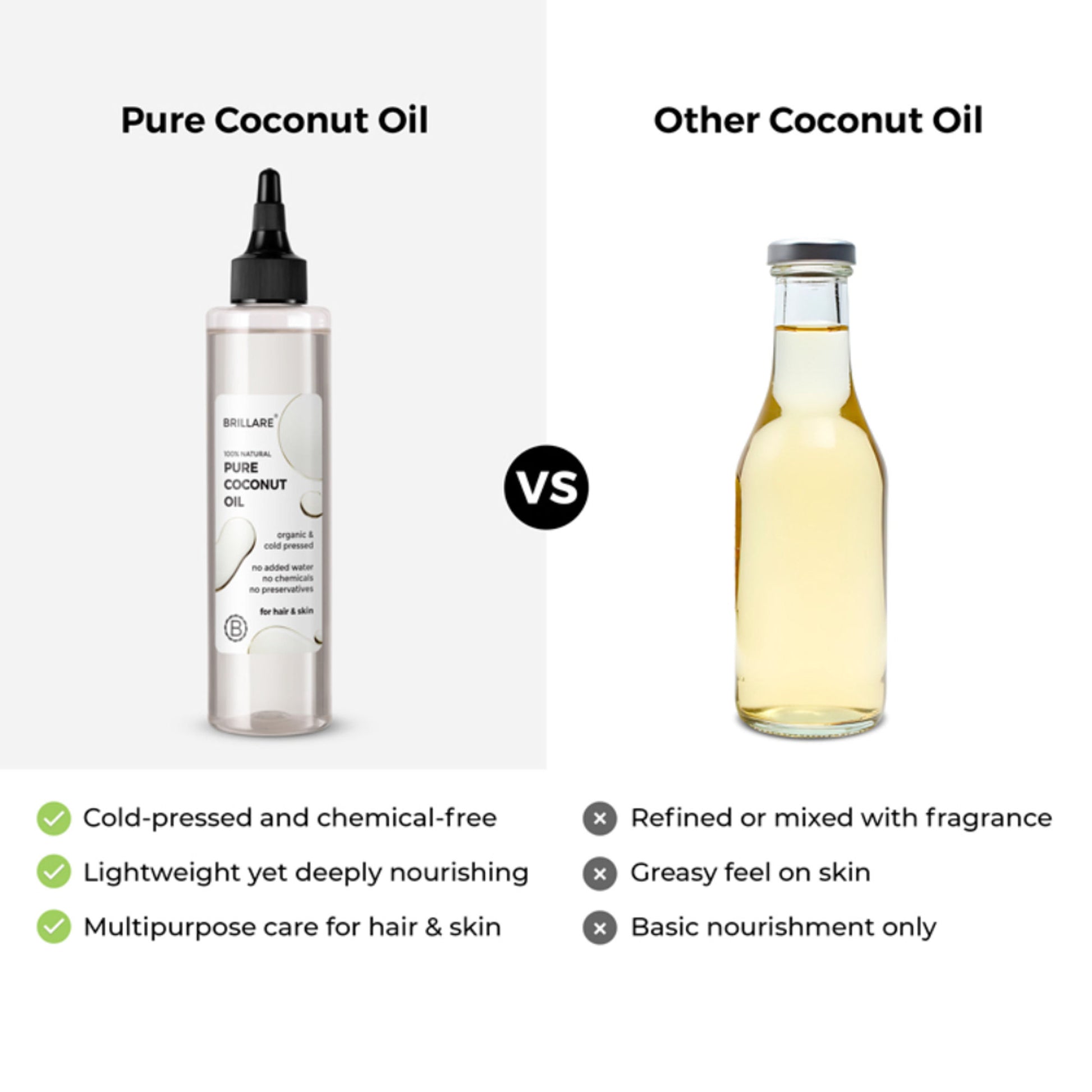 Brillare 100% Organic Pure Cold-Pressed Coconut Oil for Moisturizer, Repair & Anti-Frizz Hair
