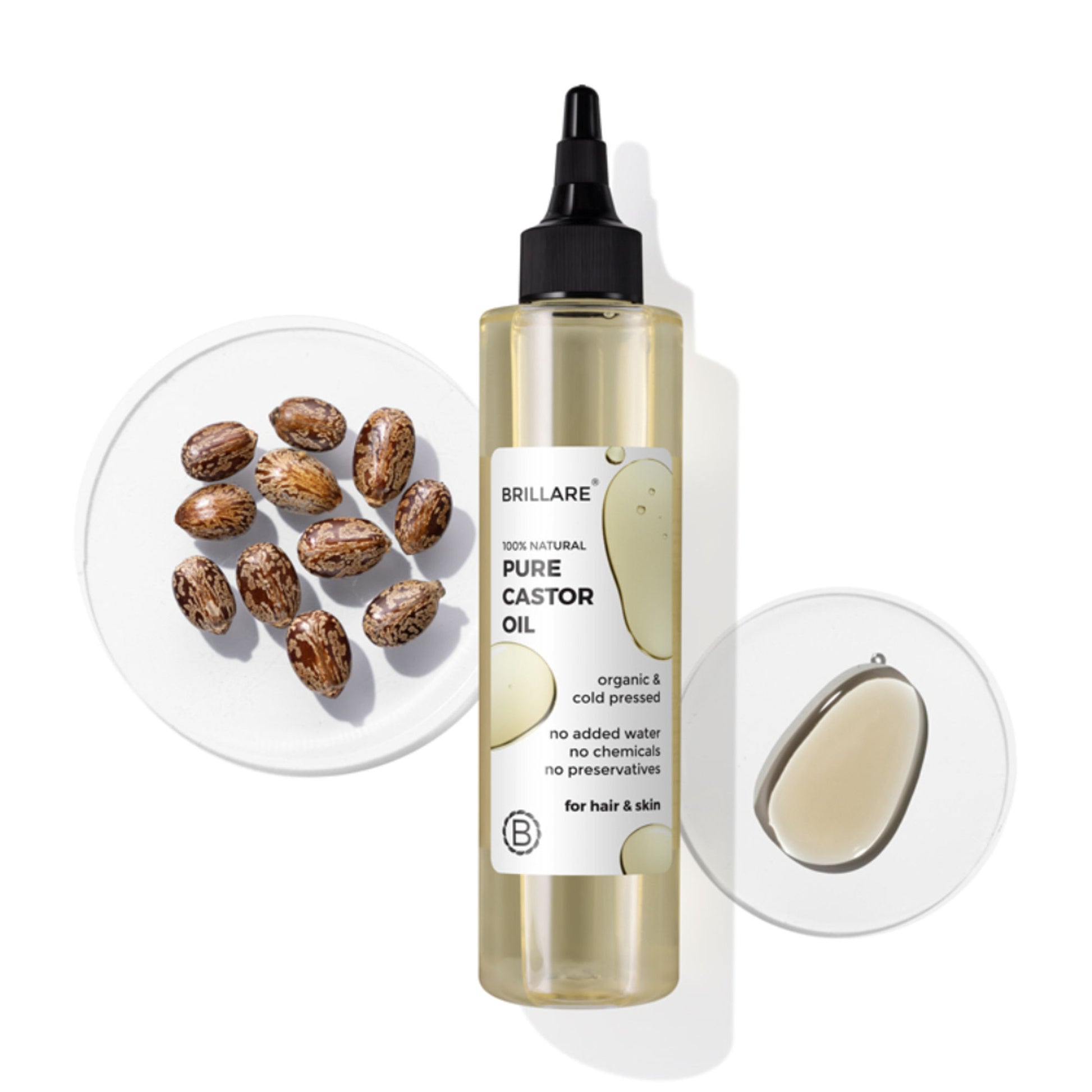 Brillare 100% Pure Cold-Pressed Castor Oil for Hair & Skin Strengthens Hair Roots Moisturizes Skin