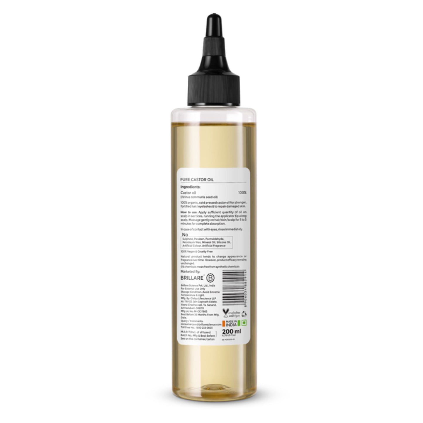 Brillare 100% Pure Cold-Pressed Castor Oil for Hair & Skin Strengthens Hair Roots Moisturizes Skin