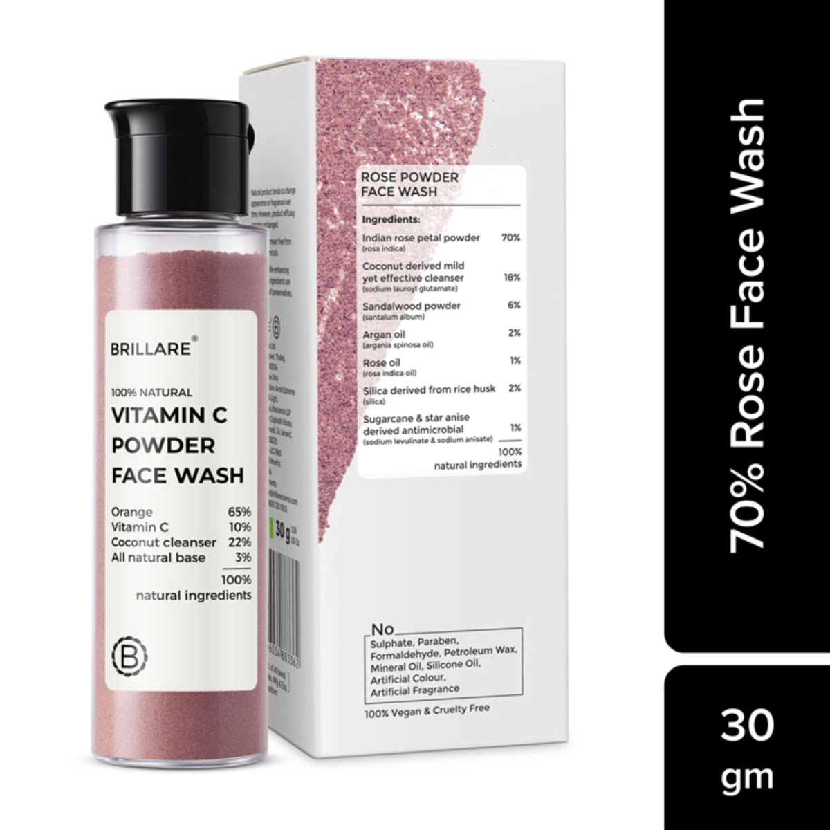 Brillare Rose Powder Face Wash displaying a jar of rose powder face wash with fresh roses for hydrating, youthful skin.