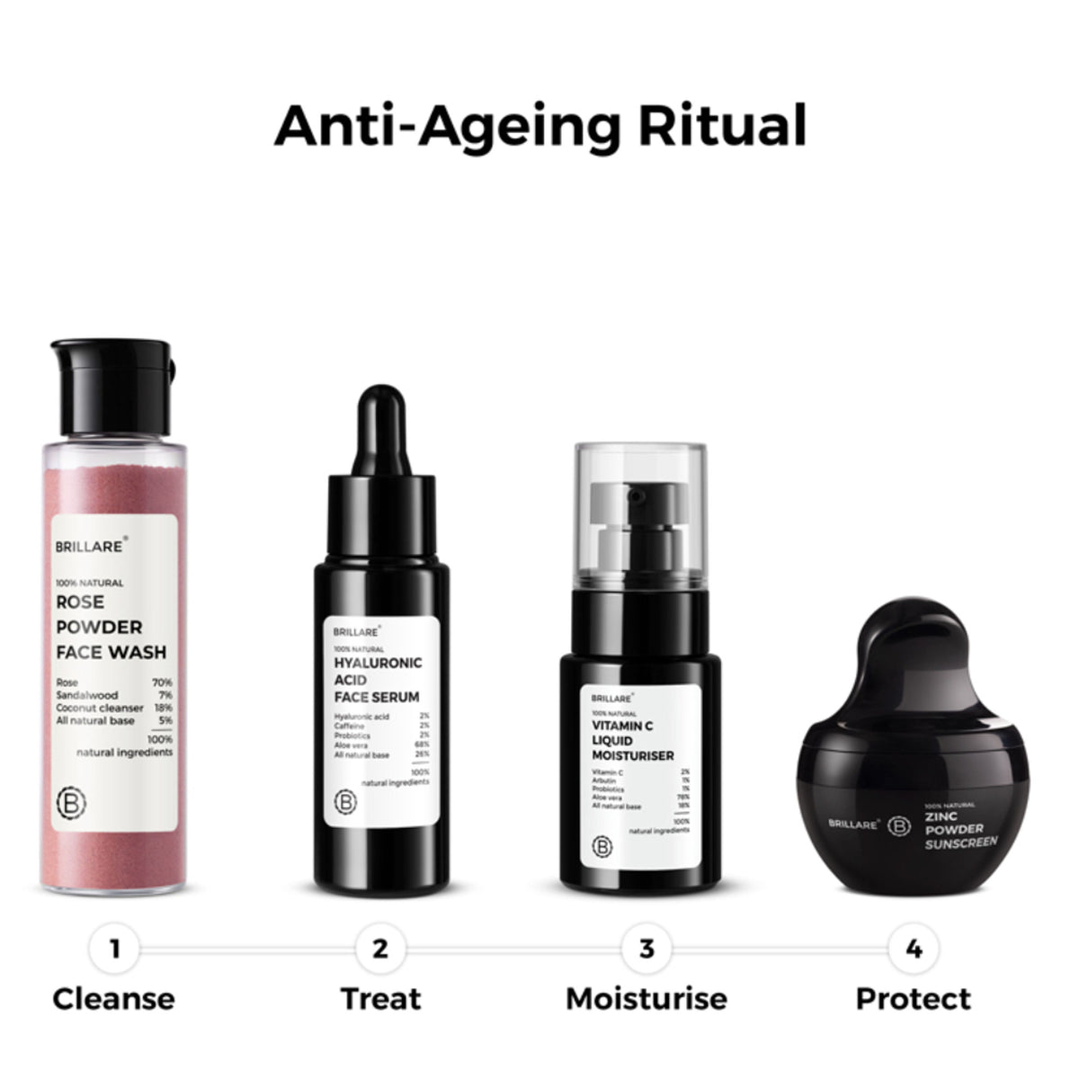 Brillare Rose Powder Face Wash for hydrated, youthful skin with natural rose ingredients, in a clear bottle with rose petals.