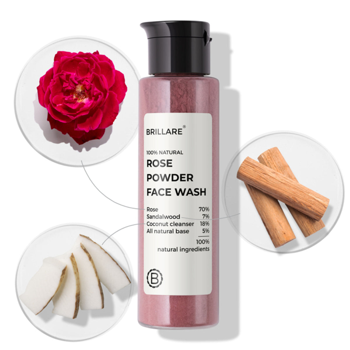 Brillare Rose Powder Face Wash bottle with rose powder for hydrating, youthful skin, displayed on a clean white background