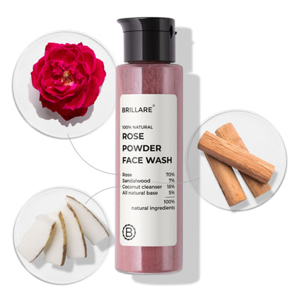 Brillare Rose Powder Face Wash bottle with rose powder for hydrating, youthful skin, displayed on a clean white background