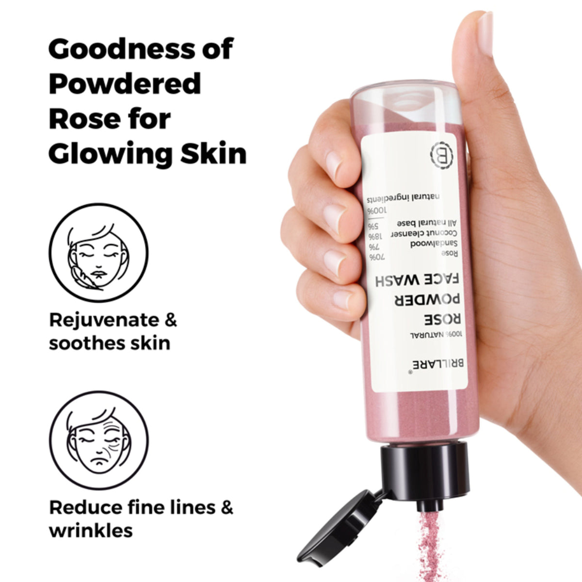 Brillare Rose Powder Face Wash for hydrated, younger-looking skin, featuring a pink rose powder formula in a white tube.