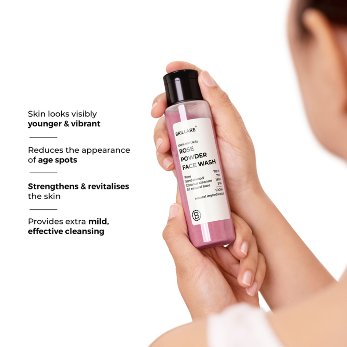 Brillare Rose Powder Face Wash for well-hydrated, youthful-looking skin, showcasing the product with rose powder ingredients.