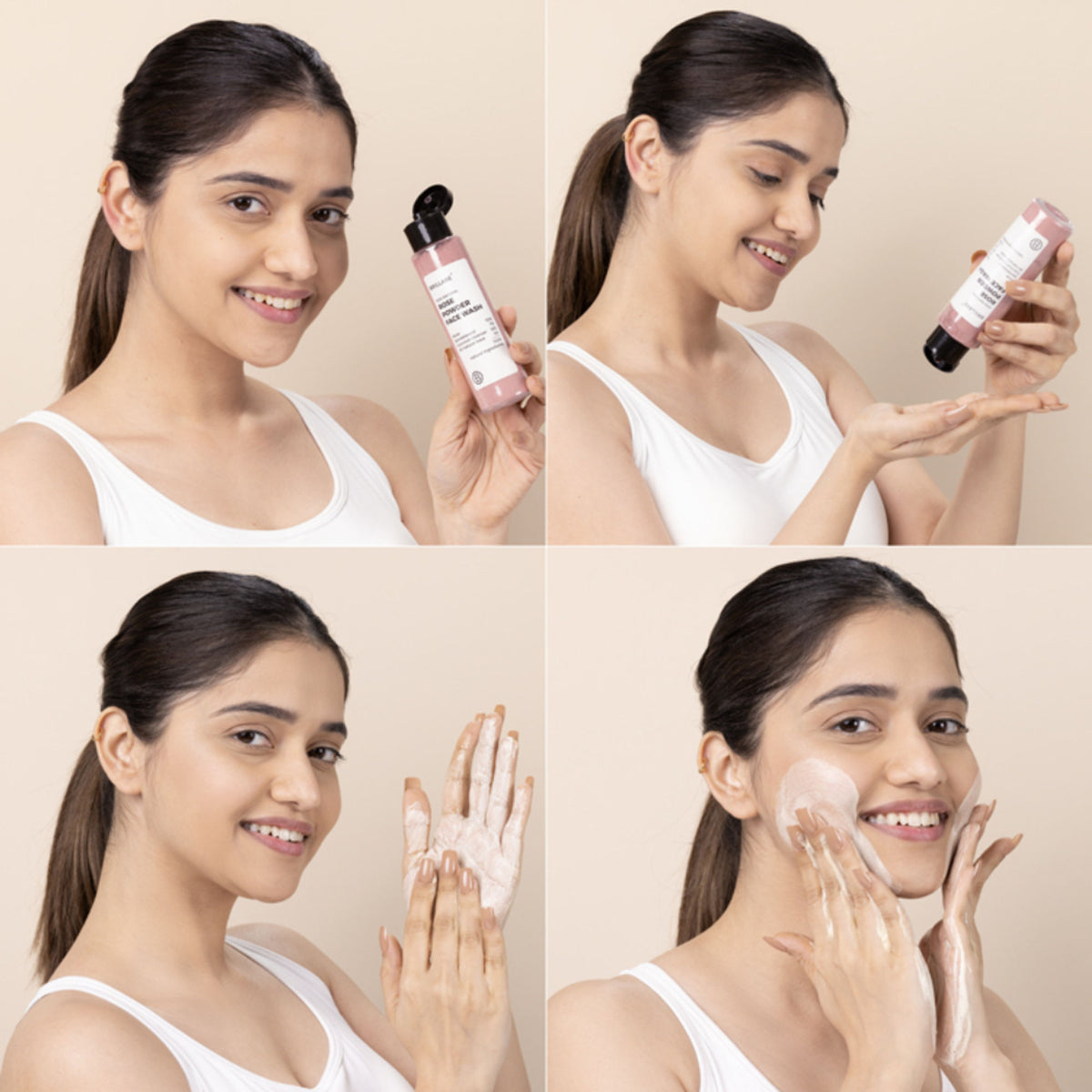Brillare Rose Powder Face Wash for hydrated, youthful-looking skin, featuring a pink rose powder formula and gentle cleansing action.
