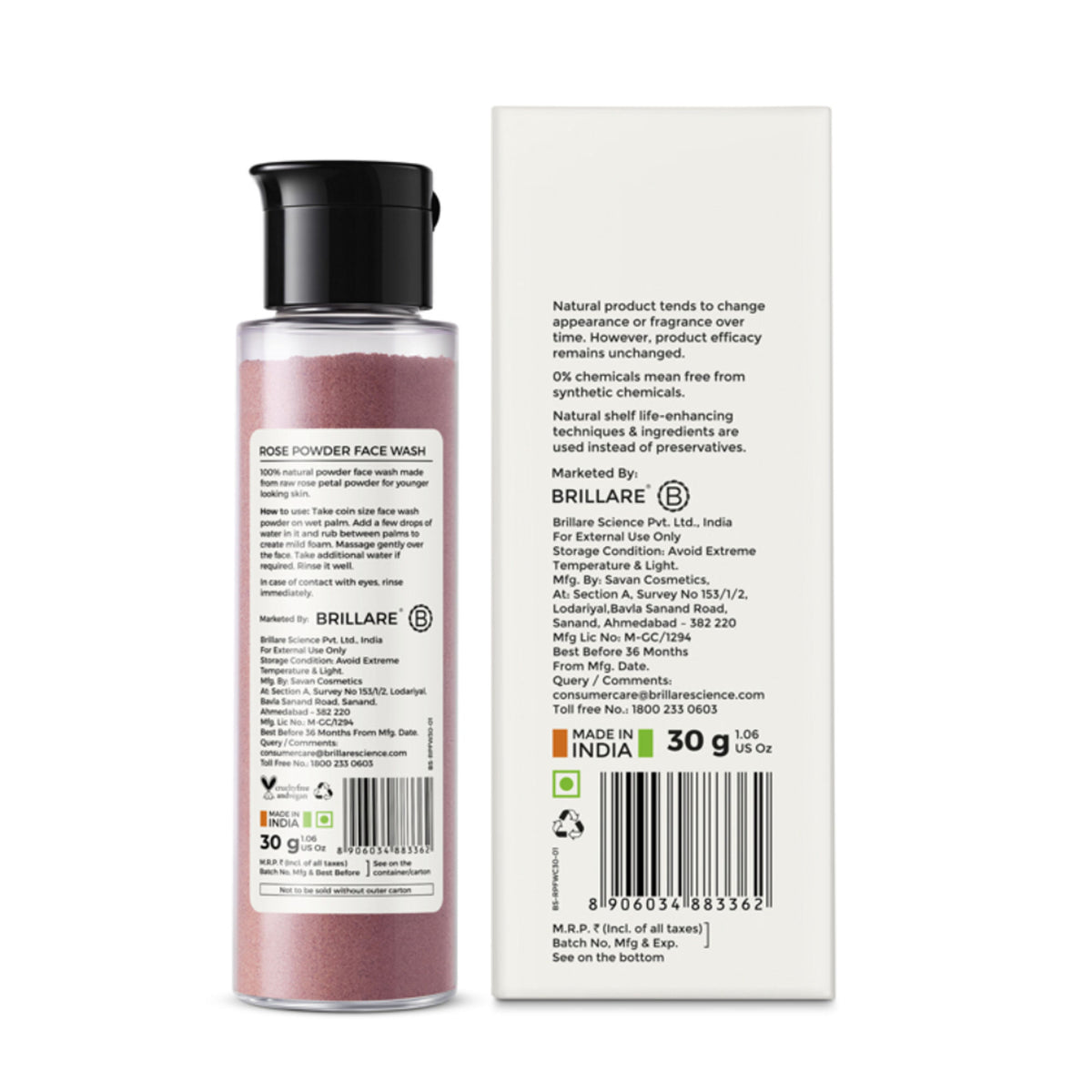 Brillare Rose Powder Face Wash with rose extract for hydrating and youthful-looking skin, shown in a clear bottle with rose petals.