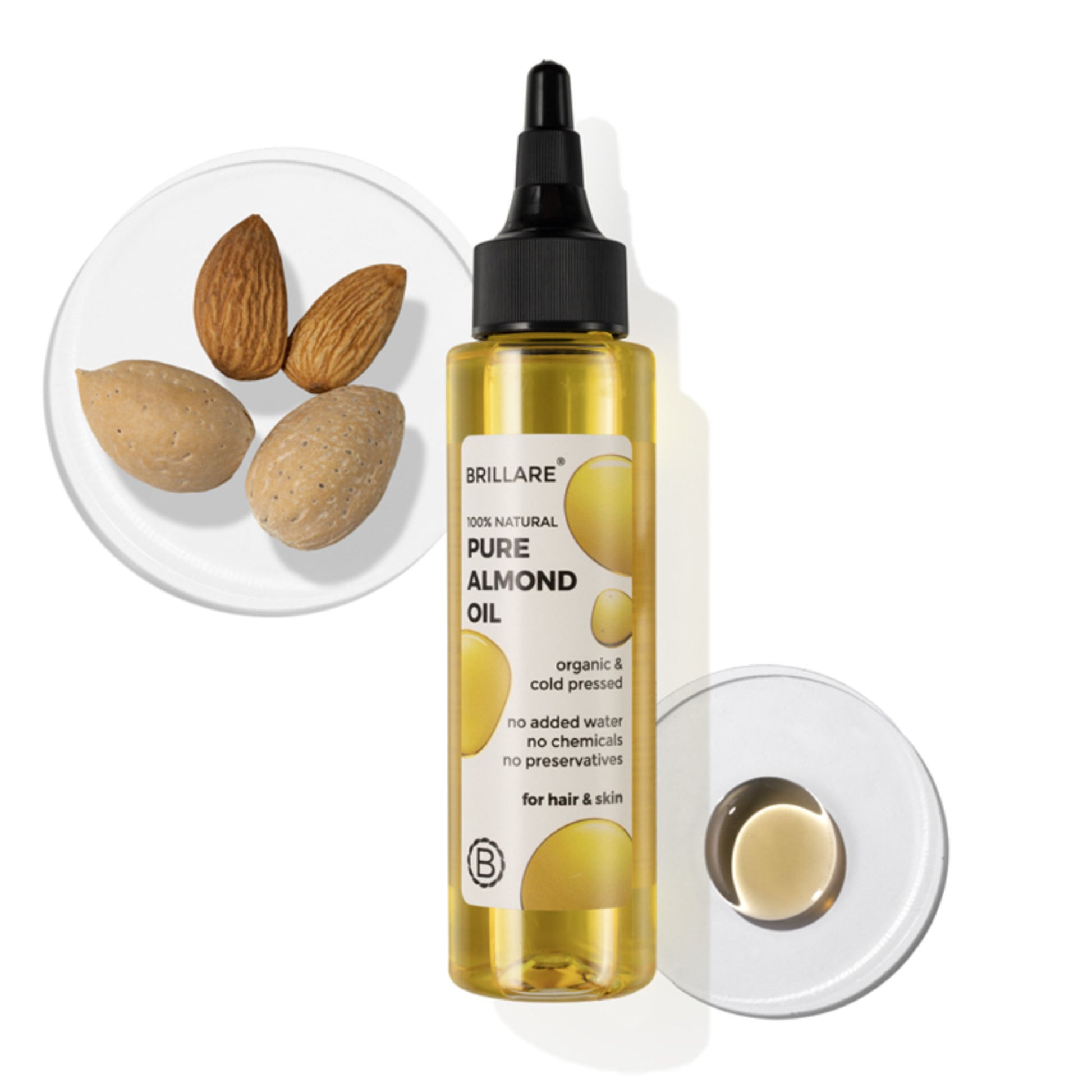Brillare 100% Pure Cold Pressed Almond Oil Organic Almond Oil for Hair Growth & Glowing Skin