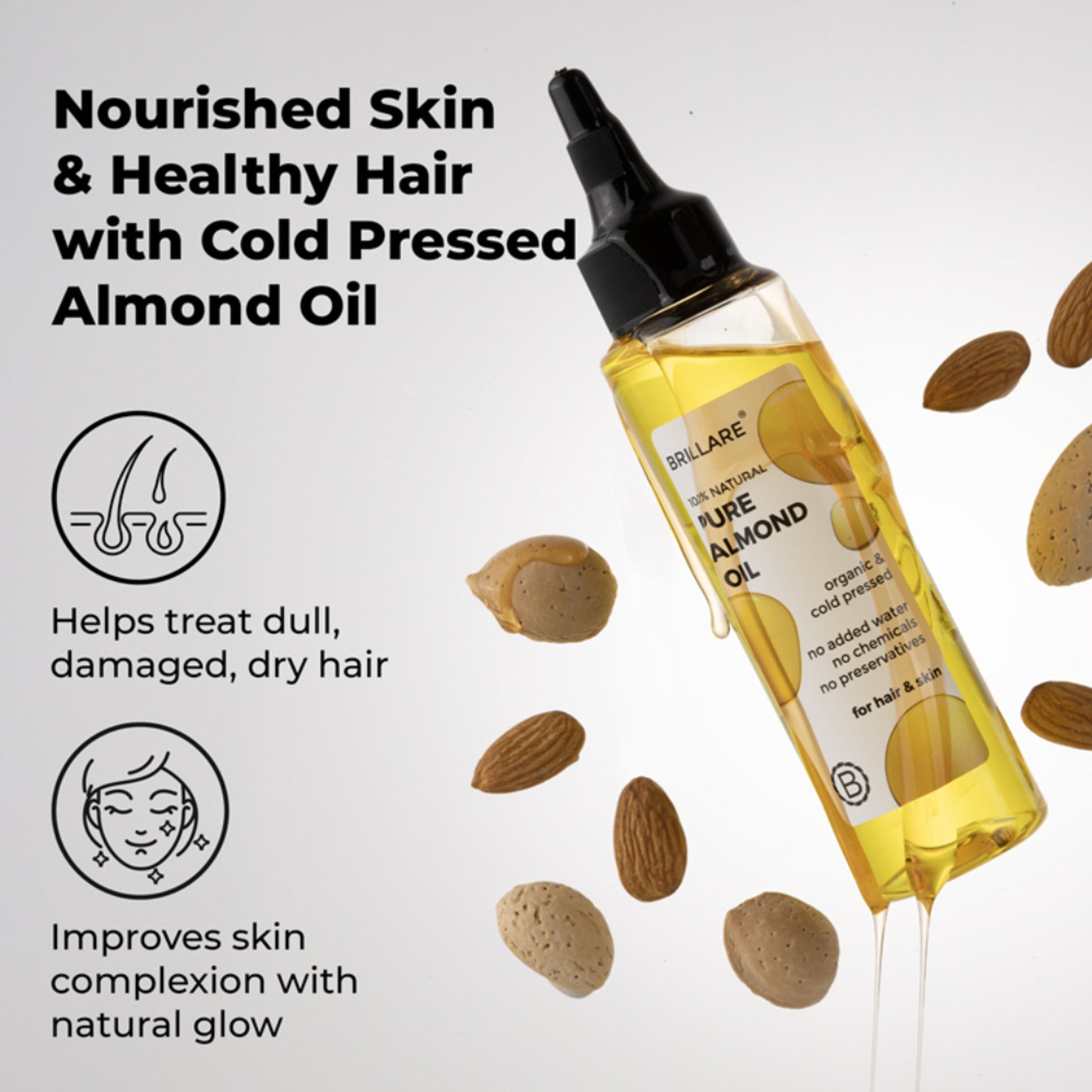 Brillare 100% Pure Cold Pressed Almond Oil Organic Almond Oil for Hair Growth & Glowing Skin