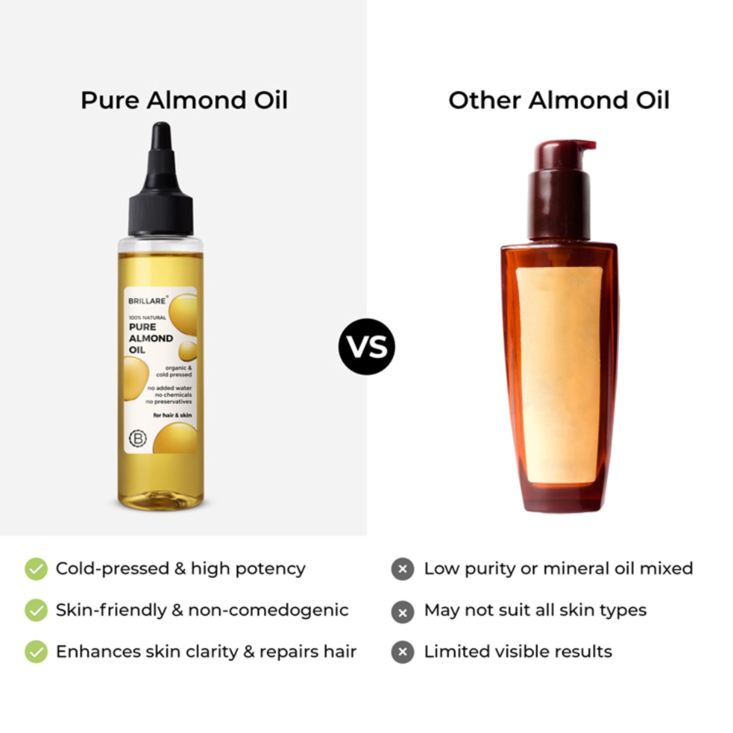 Brillare 100% Pure Cold Pressed Almond Oil Organic Almond Oil for Hair Growth & Glowing Skin