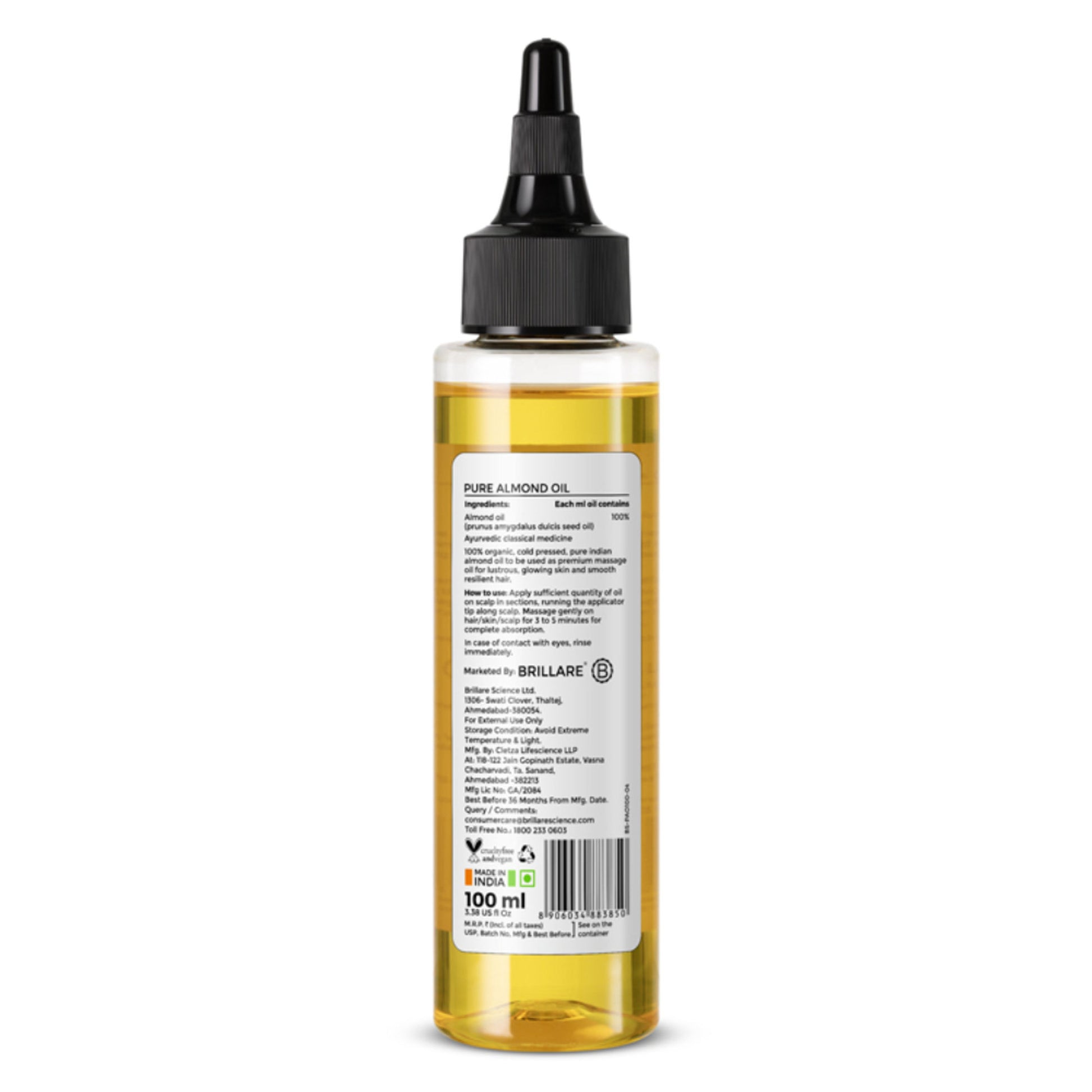 Brillare 100% Pure Cold Pressed Almond Oil Organic Almond Oil for Hair Growth & Glowing Skin