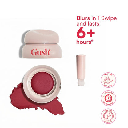 Gush Beauty Lip and Cheek Blur Play Pots in Pinky Promise with open container showing creamy pink blush and lip color