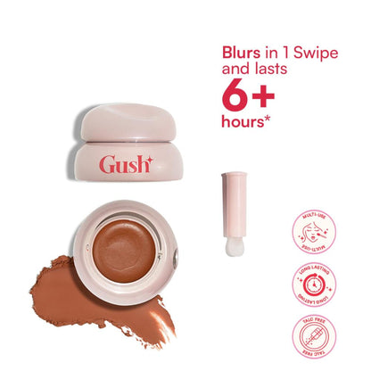 Gush Beauty Lip and Cheek Blur Play Pots in Rich Almond, showcasing creamy makeup product in a compact container with a smooth finish.