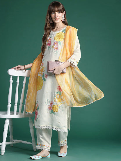 Floral Embroidered Thread Work Kurta with Trousers & With Dupatta