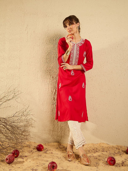 Indyancart IE Floral Embroidered Sweetheart Neck Machine Weave Straight Kurta