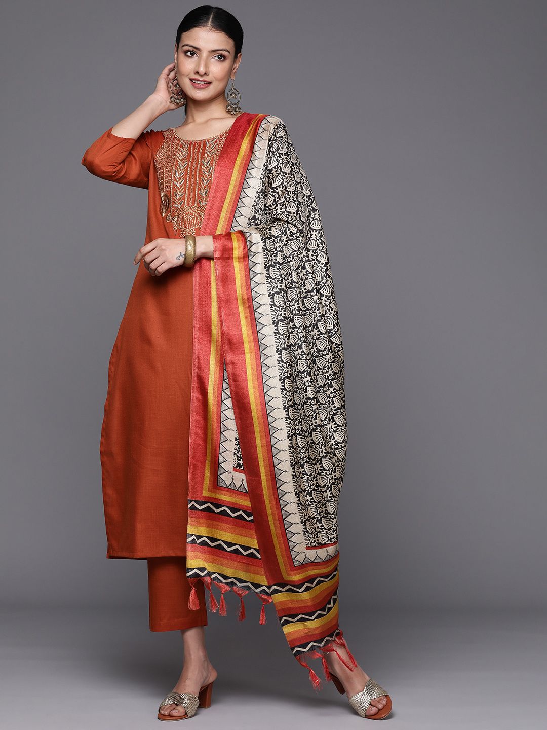 Indyancart VA Women's Floral Embroidered Gotta Patti Kurta with Trousers & With Dupatta