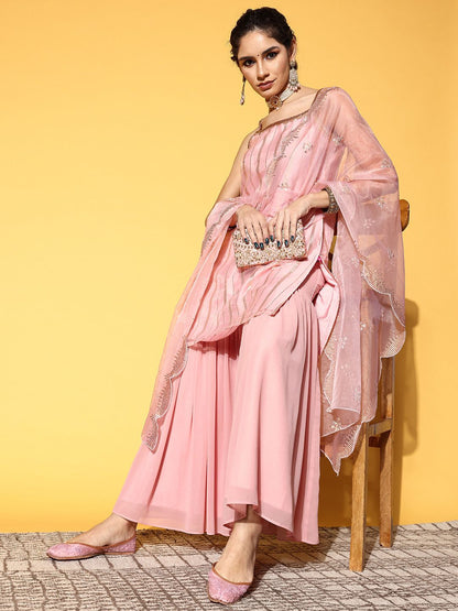 Indyancart VA Women's Peach-Coloured Striped Kurta with Sharara & Dupatta
