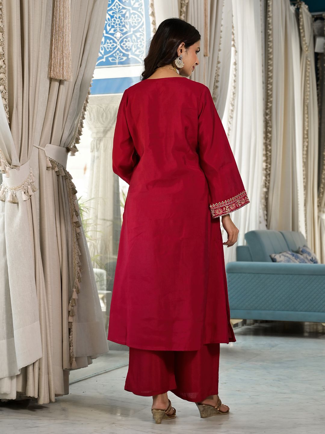 Indyancart VA Ethnic Motifs Zari Embroidered Mirror Work Straight Kurta With Trousers & Dupatta