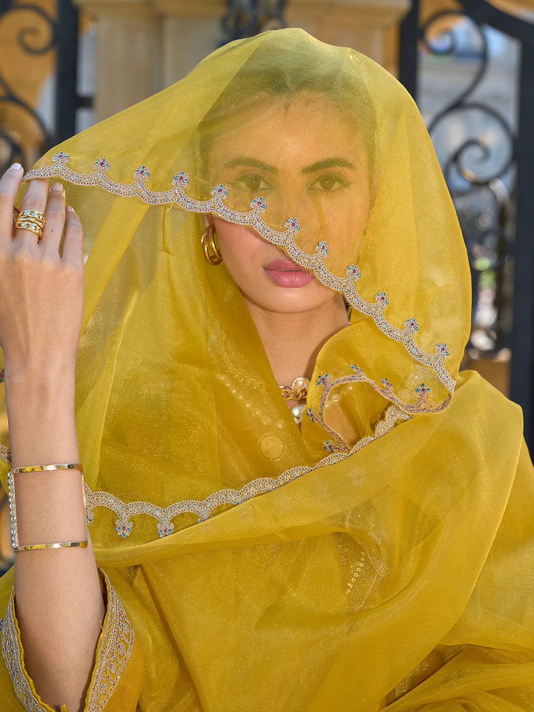 Indyancart IE Ethnic Motifs Embroidered Regular Zari Kurta with Trousers & With Dupatta