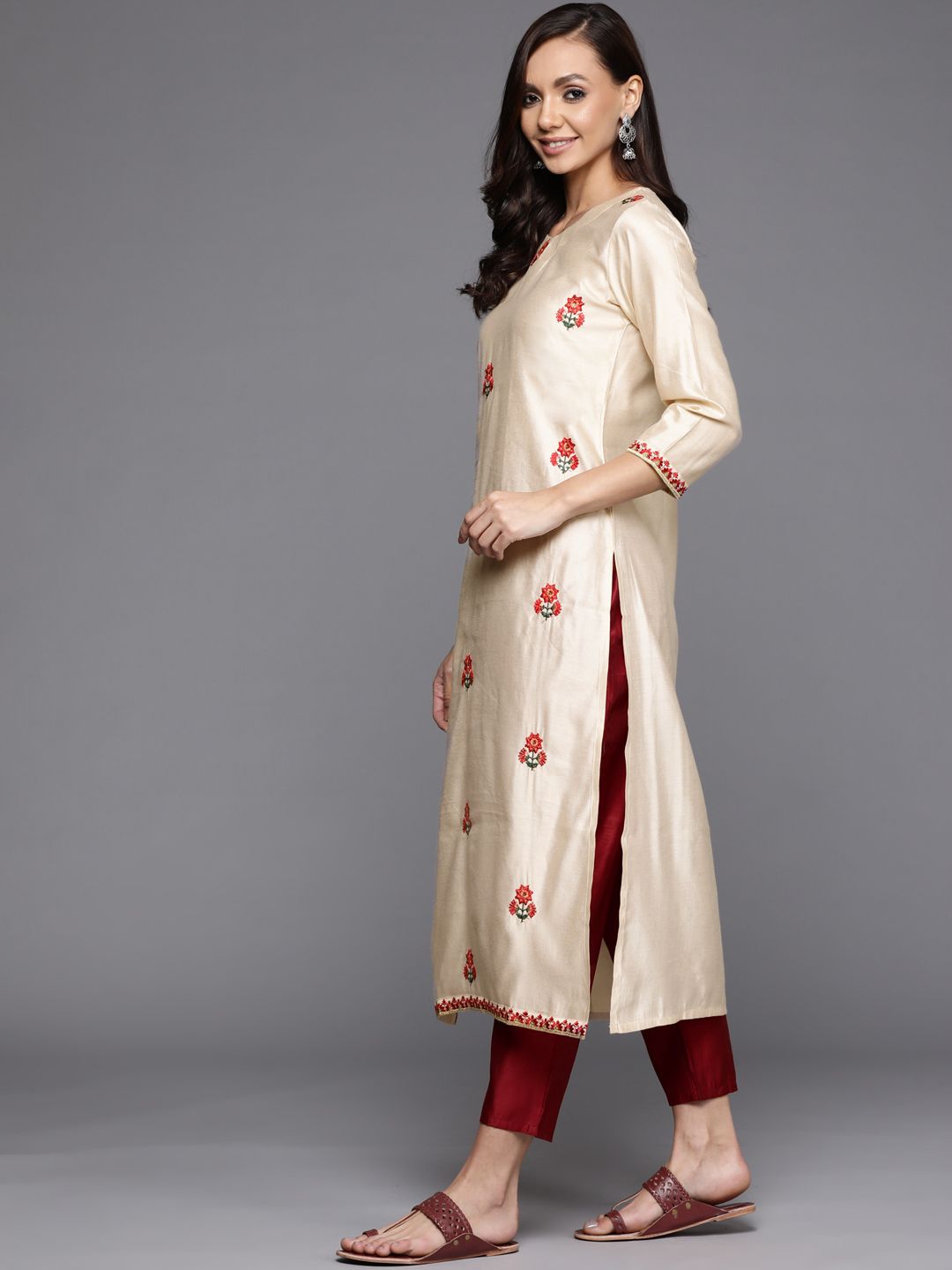 Indyancart IE Women Off White Ethnic Motifs Embroidered Sequinned Kurta with Palazzos & With Dupatta
