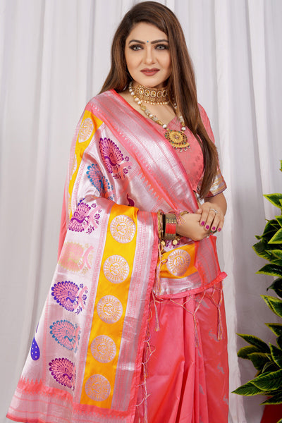 Indyancart GR Women's Chandramukhi Rose Pink Zari Paithani Silk Saree