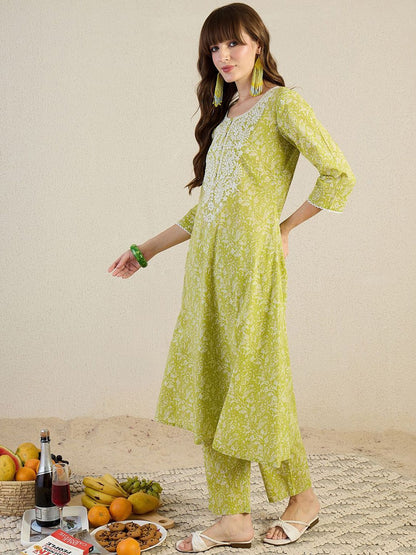 Indyancart IE Embroidered Pure Cotton Round Neck Top With Trousers Co-Ords