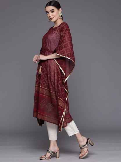 Indyancart IE Women Ethnic Motifs Printed Belted Detail Kaftan Kurta