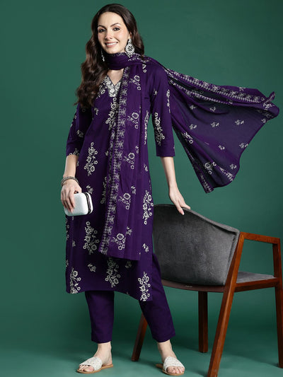Indyancart IE Floral Printed Pure Cotton Kurta with Trousers & Dupatta