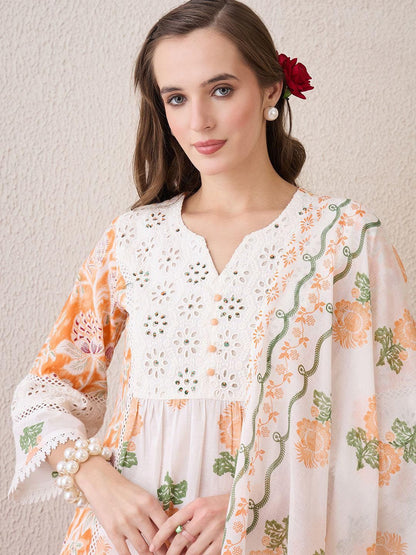 Floral Printed Beads and Stones Pure Cotton Straight Kurta & Trousers & Dupatta