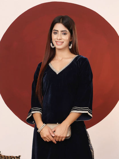Indyancart VA Women'sGota & Zari Embroidered Velvet Winter Kurta with Trouser