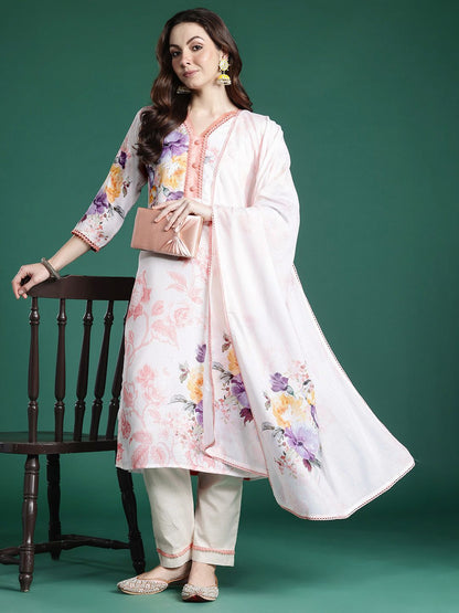 Indyancart IE Floral Printed Beads and Stones Linen Kurta with Trousers & With Dupatta