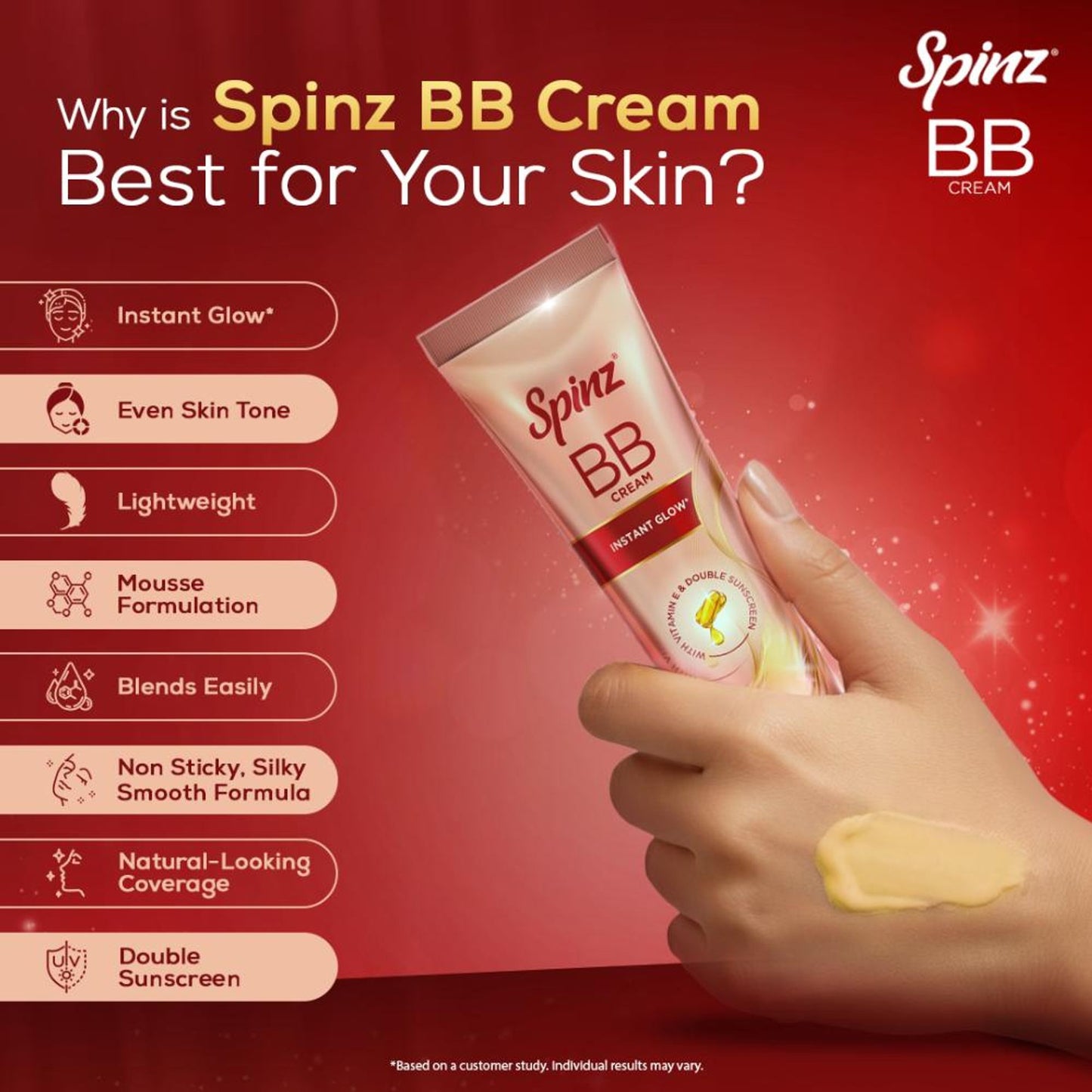 Spinz BB Cream 01 Beige, Instant Glow, Light Make Up Look, Vitamin E & Double Sunscreen