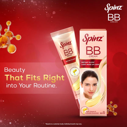 Spinz BB Cream 01 Beige, Instant Glow, Light Make Up Look, Vitamin E & Double Sunscreen