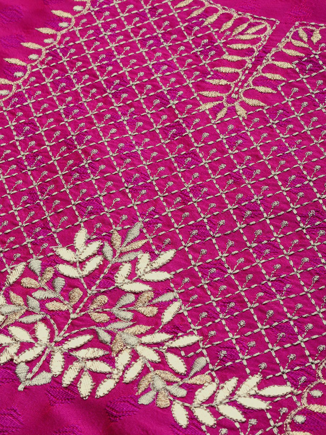Indyancart VA Women's Magenta & Gold-Toned Embroidered Kurta with Trousers & Dupatta