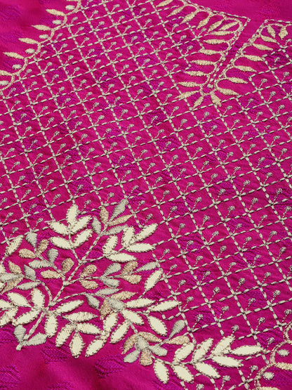 Indyancart VA Women's Magenta & Gold-Toned Embroidered Kurta with Trousers & Dupatta
