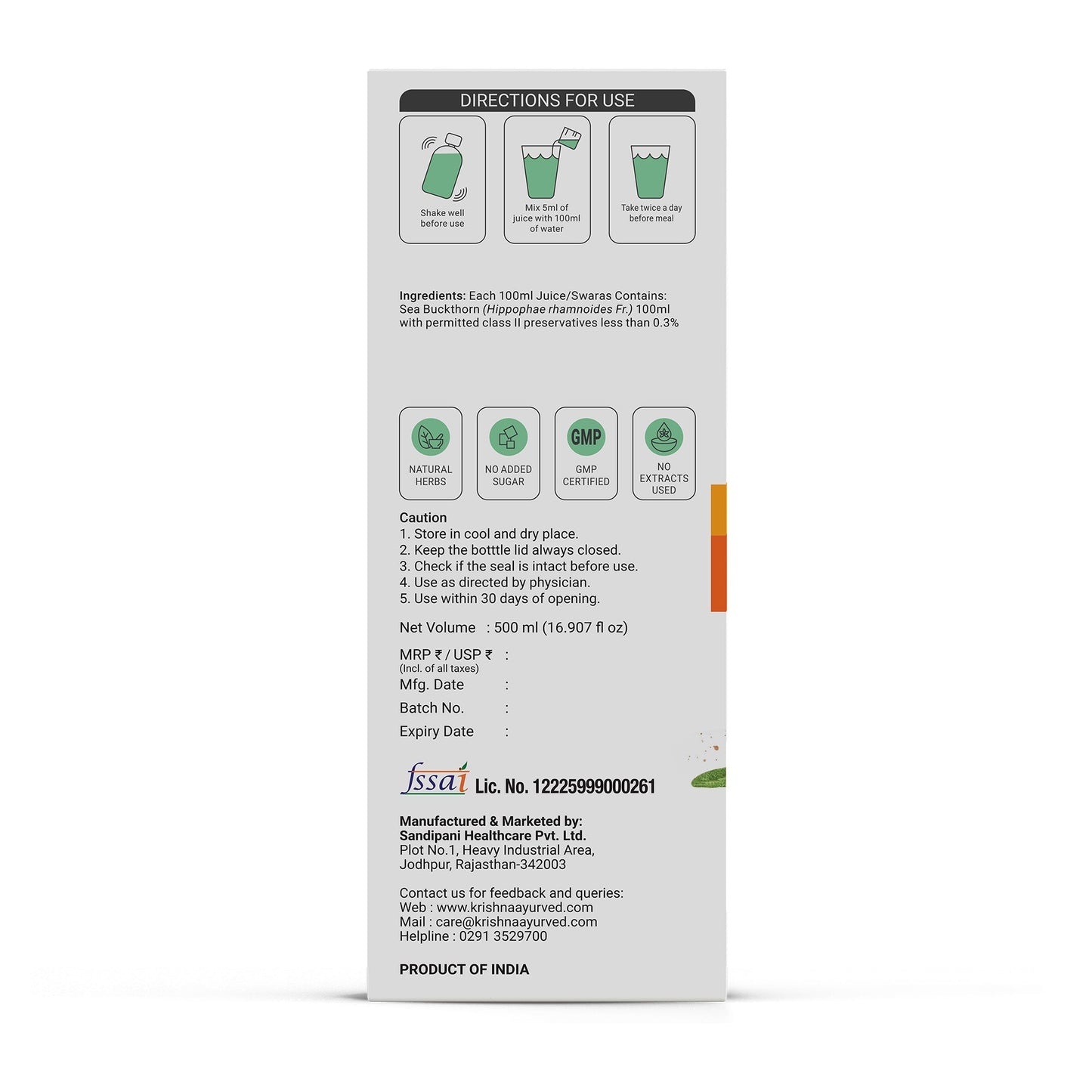 Krishna's Herbal & Ayurveda Sea Buckthorn Juice in a glass bottle, showcasing vibrant orange sea buckthorn berries and fresh juice.