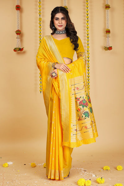 Indyancart GR Women's Mastani Haldi Yellow Zari Paithani Silk Saree